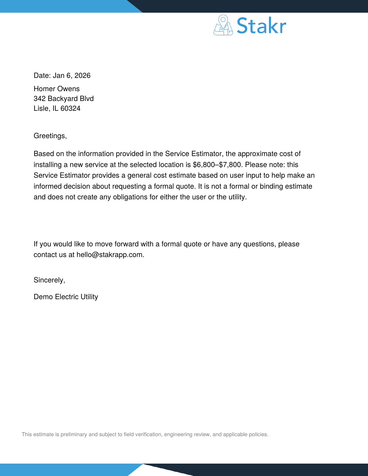 STAKR estimate letter